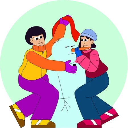 Two Children Joyfully Building A Snowman Adorning It With A Bright Orange Scarf And A Playful Carrot Nose Capturing The Essence Of Winter Fun Illustration