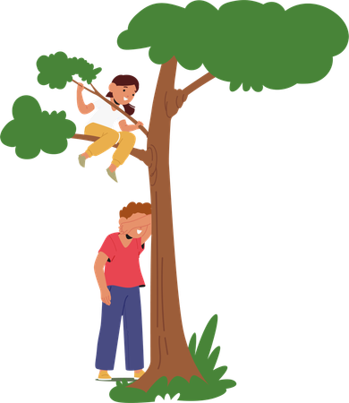 Two Children Playing Hide And Seek Outdoors  Illustration