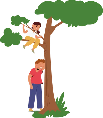 Two Children Playing Hide And Seek Outdoors  Illustration