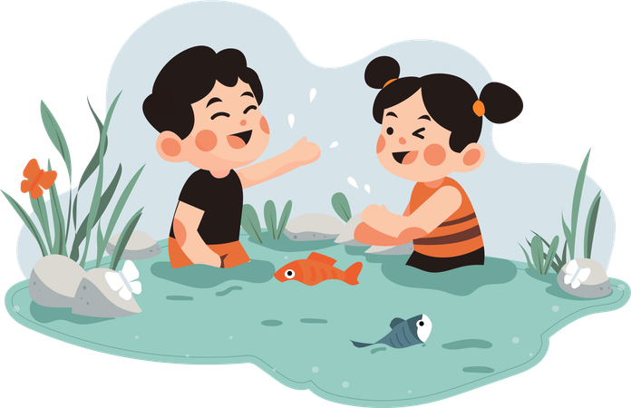 Two children playing in water pool  Illustration