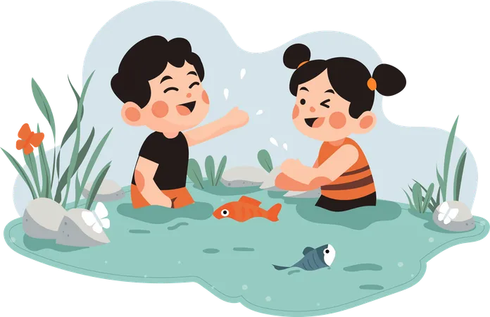 Two children playing in water pool  Illustration