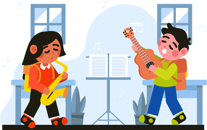 Two Children Playing Musical Instruments  Illustration