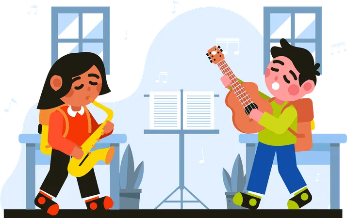 Two Children Playing Musical Instruments  Illustration