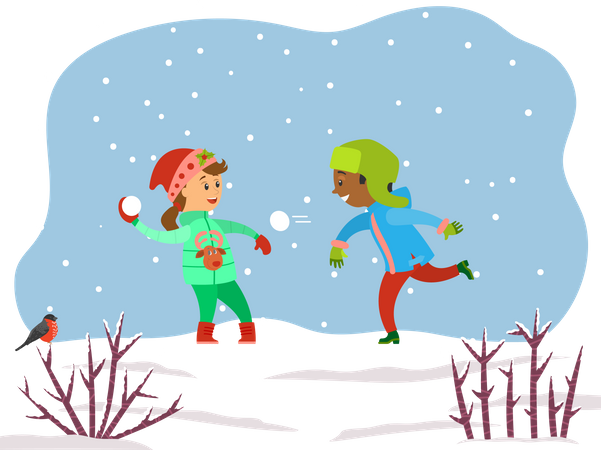 Two Children Playing Snowballs in Park  Illustration