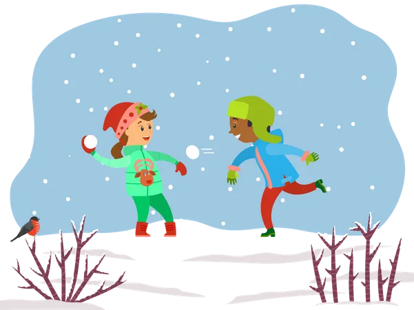 Children Playing With Snow Balls Together In Snowy Park Or Forest Kids Play Snowballs Spend Time Actively Doing Winter Outdoor Activity Landscape With Snowflakes And Shrubs Vector Illustration Illustration