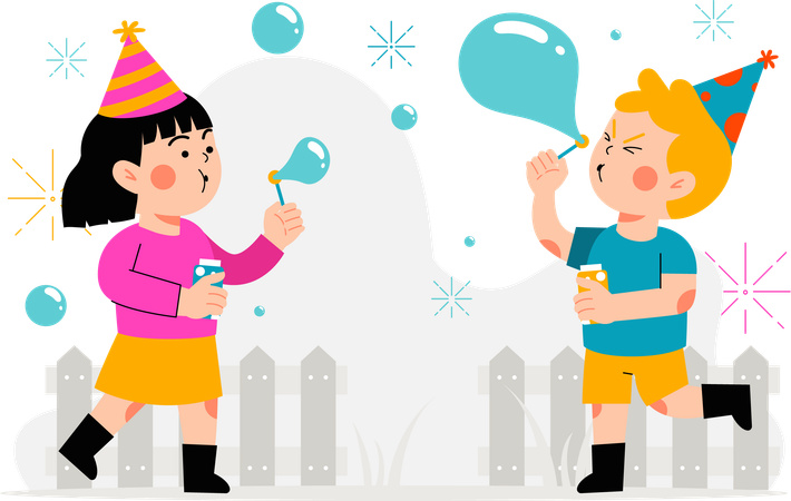 Two children playing with soap bubbles  Illustration