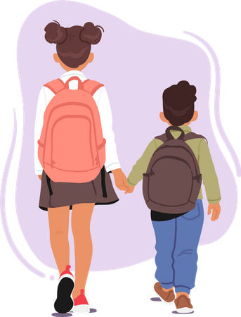 Two Children With Backpacks Walking Hand In Hand Towards School  Illustration