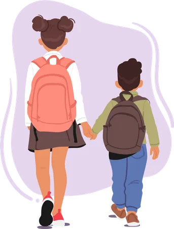 Two Children Characters With Backpacks Walking Hand In Hand Towards School Rear View Excitement And Anticipation In Their Steps As They Head Towards Education Cartoon People Vector Illustration Illustration