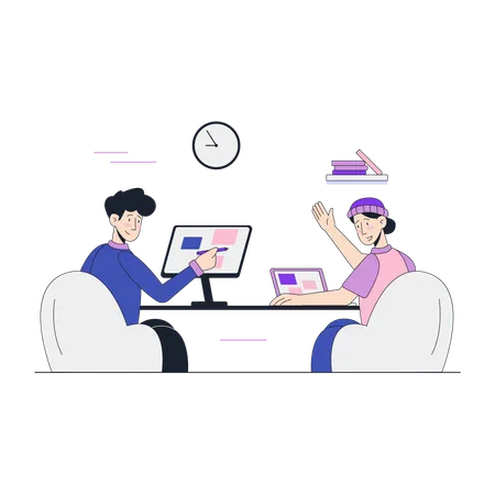 Two Colleagues Collaborating in Modern Office  Illustration