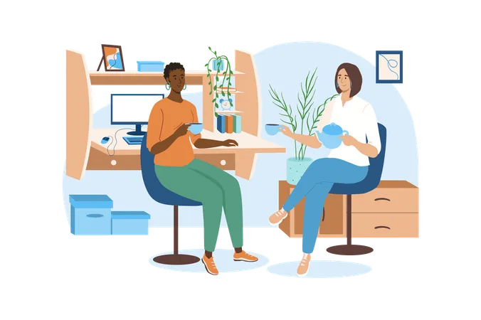 Workplace Blue Concept With People Scene In The Flat Cartoon Style Two Colleagues Decided Take A Break And Discuss Some Work Issues Vector Illustration Illustration