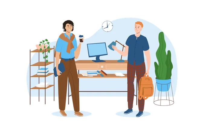 Workplace Blue Concept With People Scene In The Flat Cartoon Design Two Colleagues Met In The Office Vector Illustration Illustration