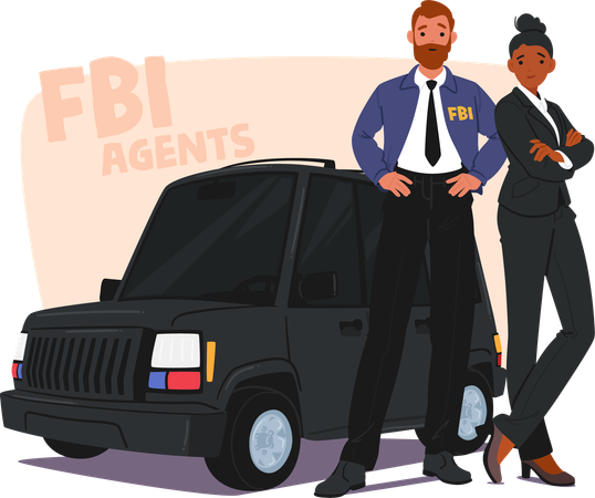 Two Confident Fbi Agents Standing With Patrol Car  Illustration