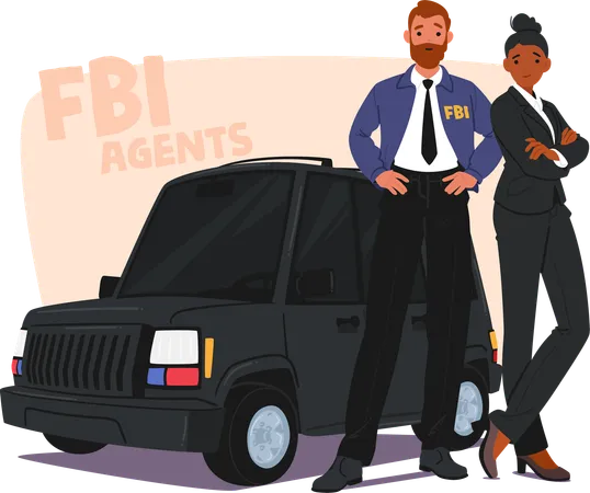 Two Confident Fbi Agents Standing With Patrol Car  Illustration