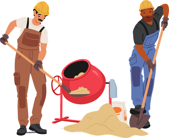 Two Construction Workers Male Character Busy On Site Mixing Concrete In Mixer  Illustration