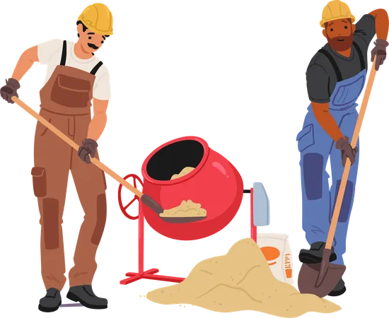 Two Construction Workers Male Character Busy On Site Mixing Concrete In Mixer  Illustration