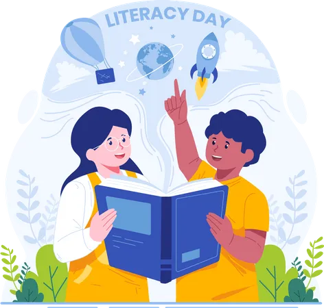 Happy Literacy Day Illustration Two Cute Kids Reading An Educational Book Childrens Imagination Concept Illustration