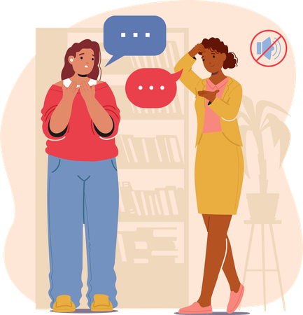 Two Diverse Women Communicating In Sign Language With Speech Bubbles And Mute Symbol In Background  Illustration