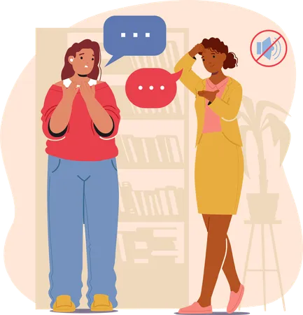 Two Diverse Women Communicating In Sign Language With Speech Bubbles And Mute Symbol In Background  Illustration