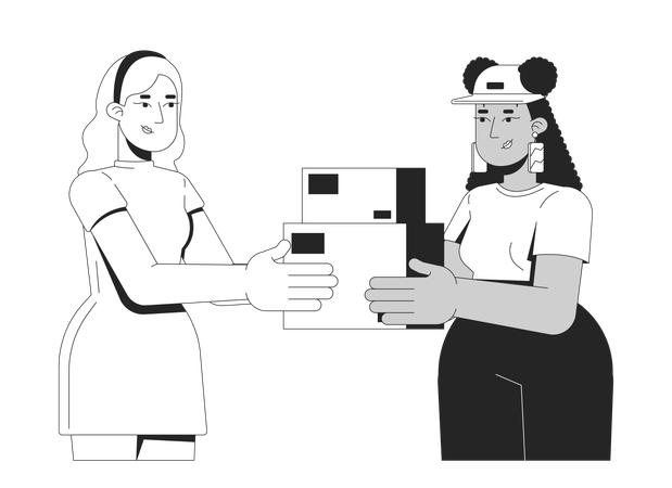Two diverse women exchanging packages  Illustration