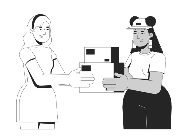 Two diverse women exchanging packages  Illustration