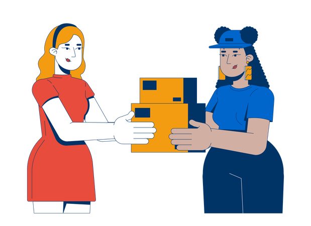 Two diverse women exchanging packages  Illustration