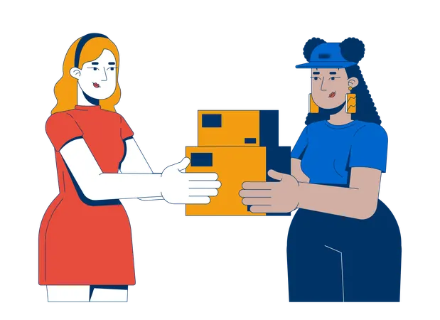 Two diverse women exchanging packages  Illustration