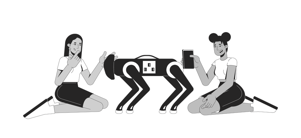 Two diverse young women interacting with robot dog  Illustration