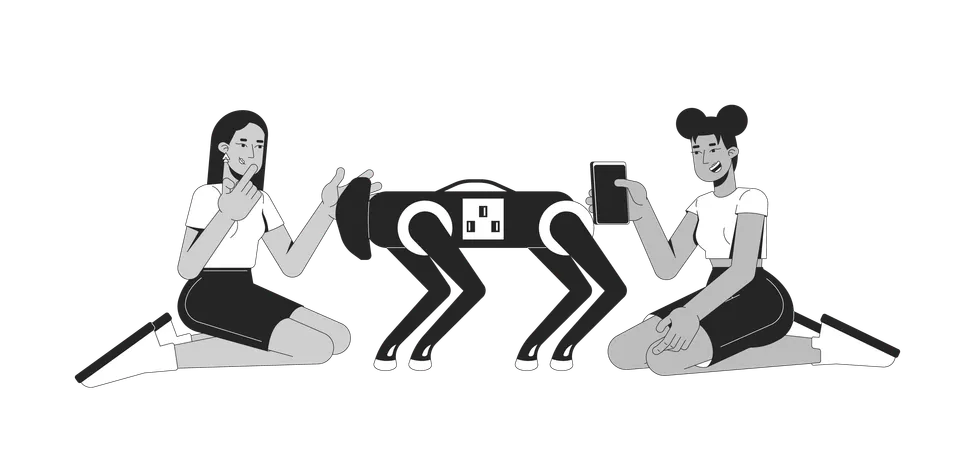 Two diverse young women interacting with robot dog  Illustration
