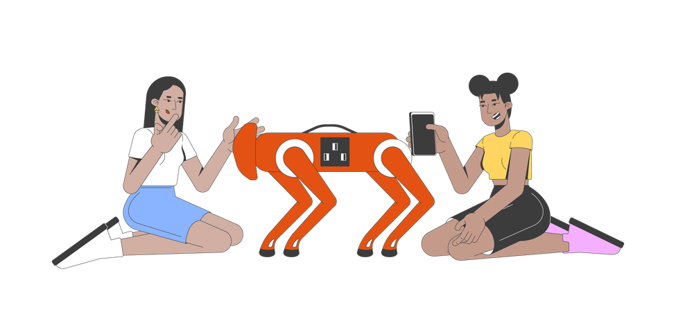 Two diverse young women interacting with robot dog  Illustration