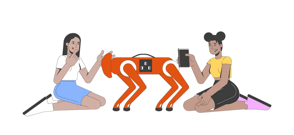 Two diverse young women interacting with robot dog  Illustration