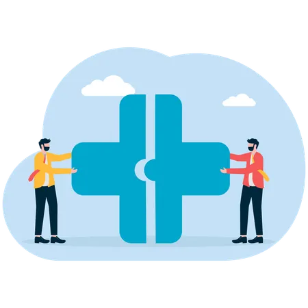 Two doctors putting puzzle pieces together a symbol of team work and collaboration  Illustration