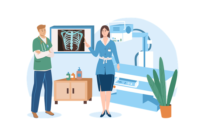 Two doctors reviews the patients x-ray to determine the exact diagnosis  Illustration