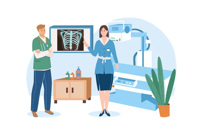 Two doctors reviews the patients x-ray to determine the exact diagnosis  Illustration