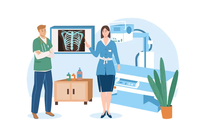 Medical Office Blue Concept With People Scene In The Flat Cartoon Design Two Doctors Reviews The Patients X Ray To Determine The Exact Diagnosis Vector Illustration Illustration