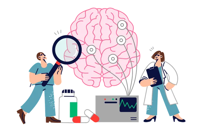 Two Doctors Study Human Brain By Conducting Neurological Experiment And Using Eeg Equipment Neurologists With Magnifying Glass Provide First Aid In Removing Cancerous Brain Tumor Illustration