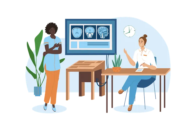 Medical Office Blue Concept With People Scene In The Flat Cartoon Style Two Doctors Take A Part On Scientific Research Work To Learn About New Diseases Vector Illustration Illustration