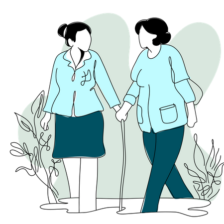 Two elder patient walking together  Illustration