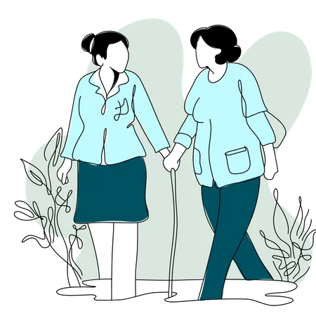 Two elder patient walking together  Illustration