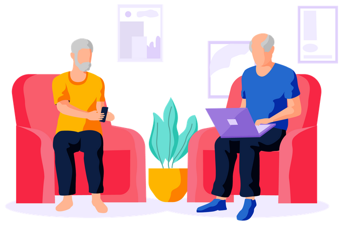 Two elderly men at home with modern digital gadgets Illustration