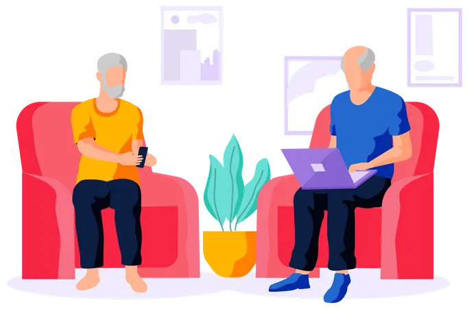 Two elderly men at home with modern digital gadgets Illustration