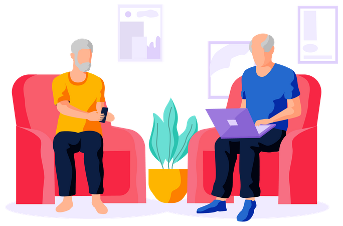 Two elderly men at home with modern digital gadgets  Illustration