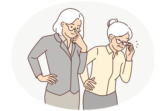 Two elderly women in business clothes carefully look to side watching work of young employees  Illustration