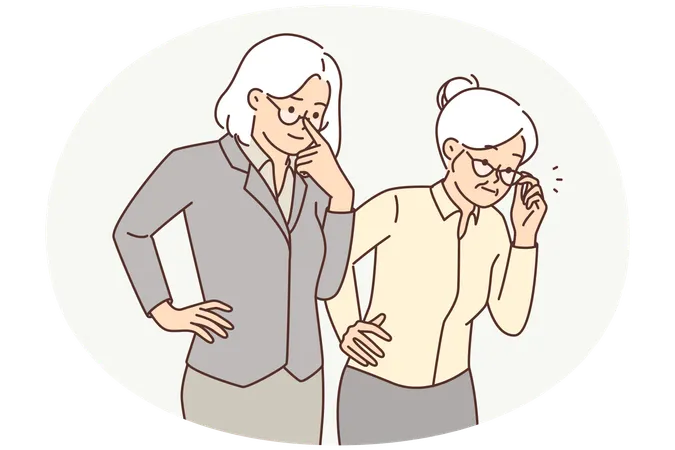 Two elderly women in business clothes carefully look to side watching work of young employees  Illustration