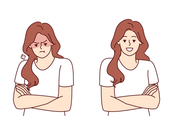 Two emotionally opposite women are sad and happy  Illustration