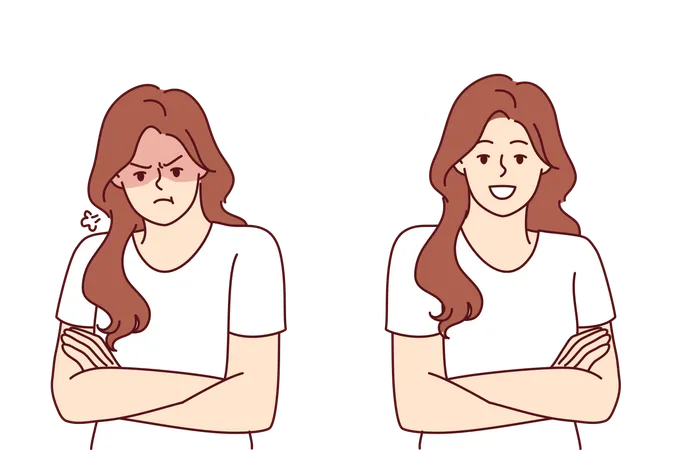 Two Emotionally Opposite Women Are Sad Or Happy For Concept Of Bipolar Disorder Affecting Mood Cheerful And Unhappy Girl Before And After Taking Antidepressants Or Mood Improving Vitamin Illustration