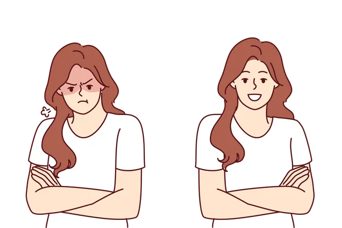 Two emotionally opposite women are sad and happy  Illustration