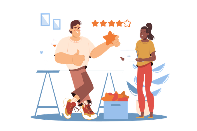 Two employees analyze customer feedback about their work  Illustration