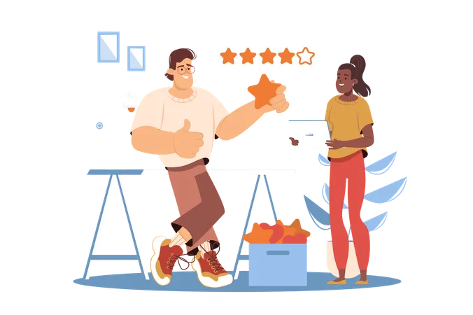 Two employees analyze customer feedback about their work  Illustration