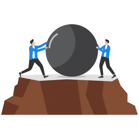 Two entrepreneurs pushing boulder against each other to eliminate competition  Illustration