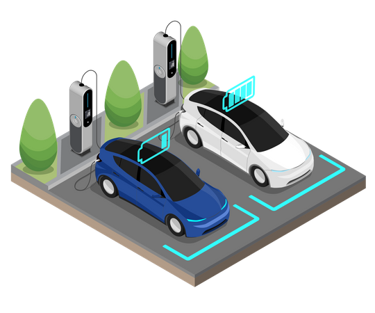 Two EV Electric Car stop at Charging Station  Illustration